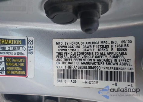 2006 Honda Civic Ex from USA, damaged, VIN 1HGFA16806L004990